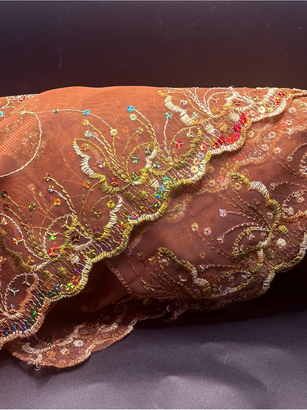 Vintage Brown Sequin Embroidered Mesh Wrap Shawl Table Runner